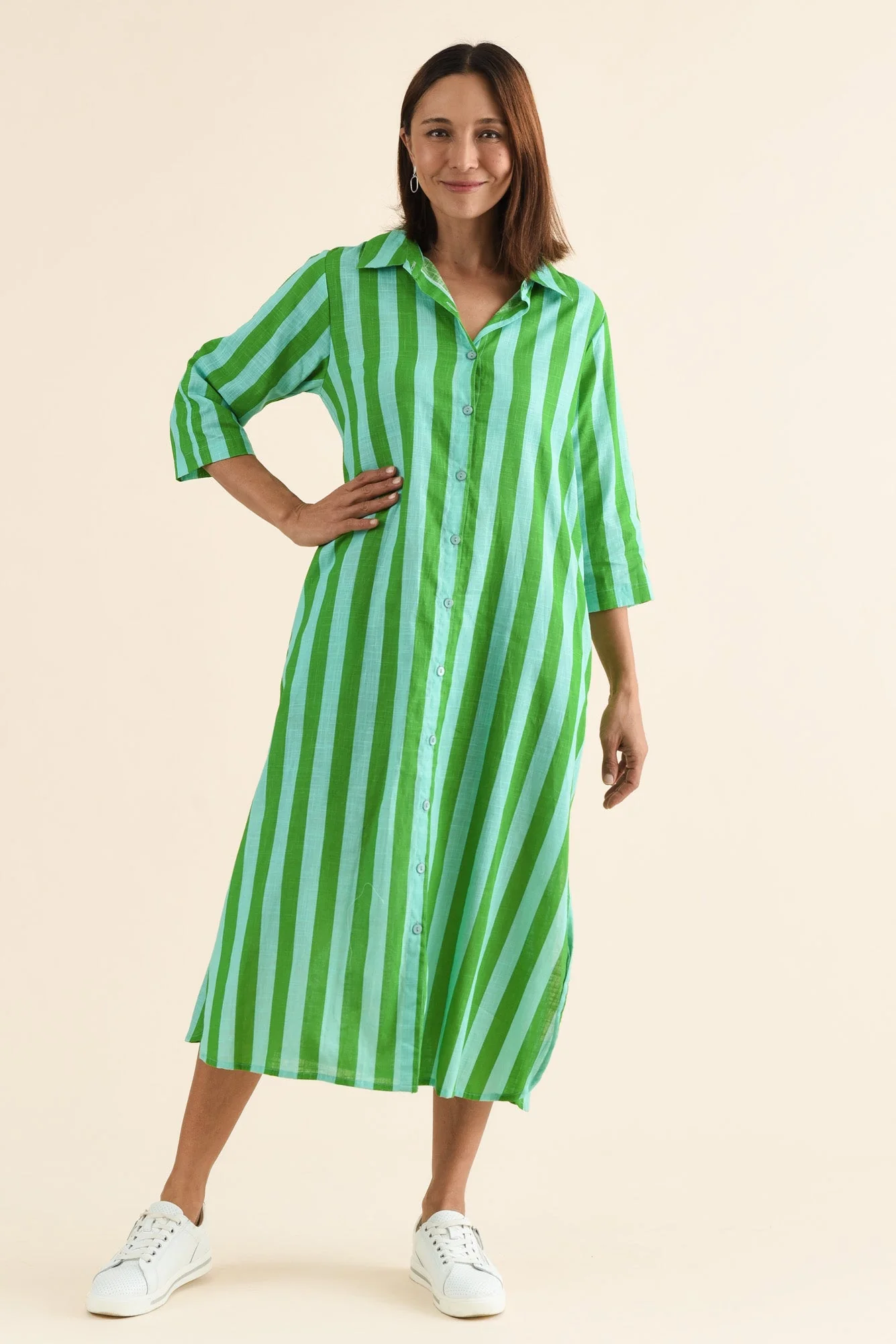Tricia Turquoise Stripe Cotton Shirt Dress - Image 2