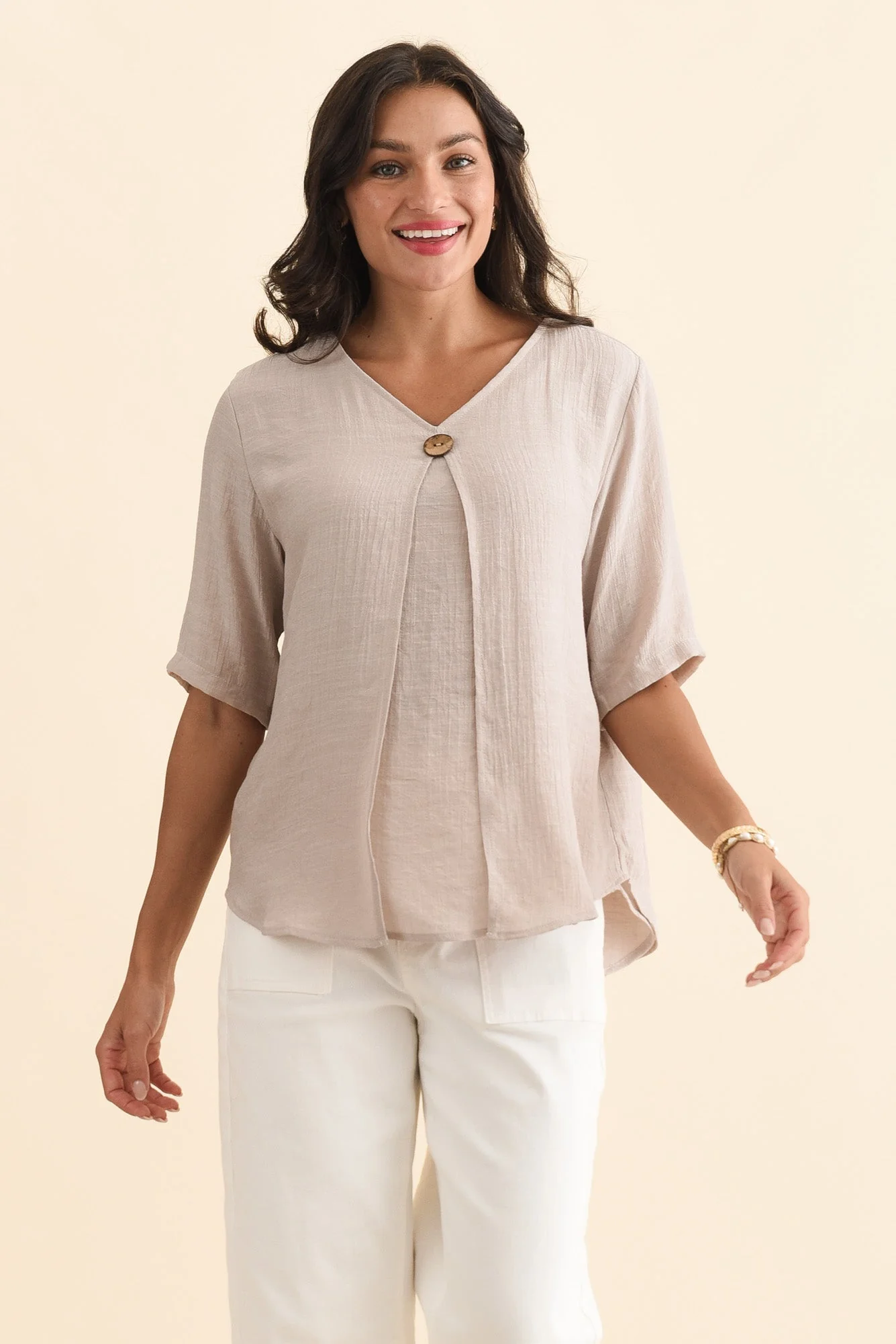 Yasmin Beige Layered Button Top - Image 2
