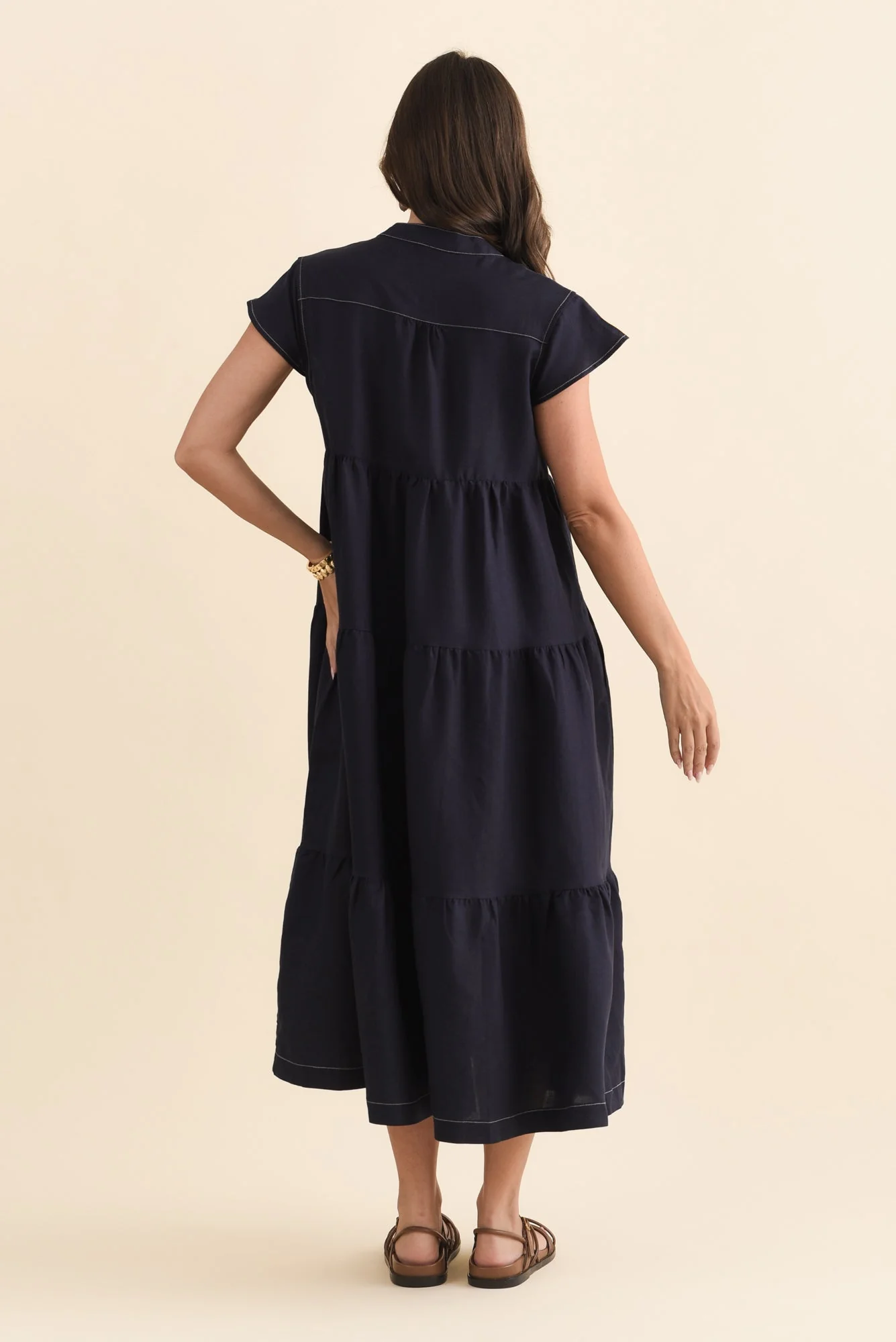 Yvette Navy Contrast Linen Blend Dress - Image 4