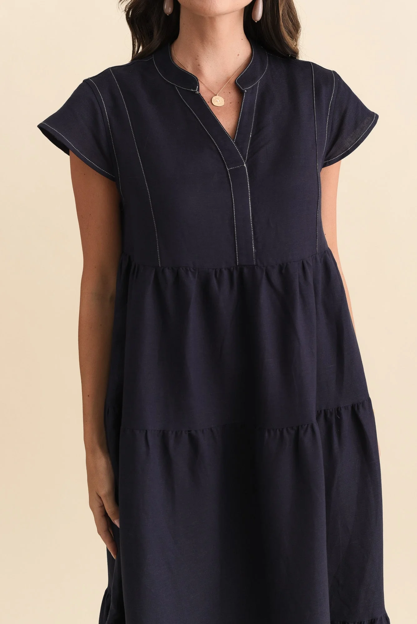 Yvette Navy Contrast Linen Blend Dress - Image 5
