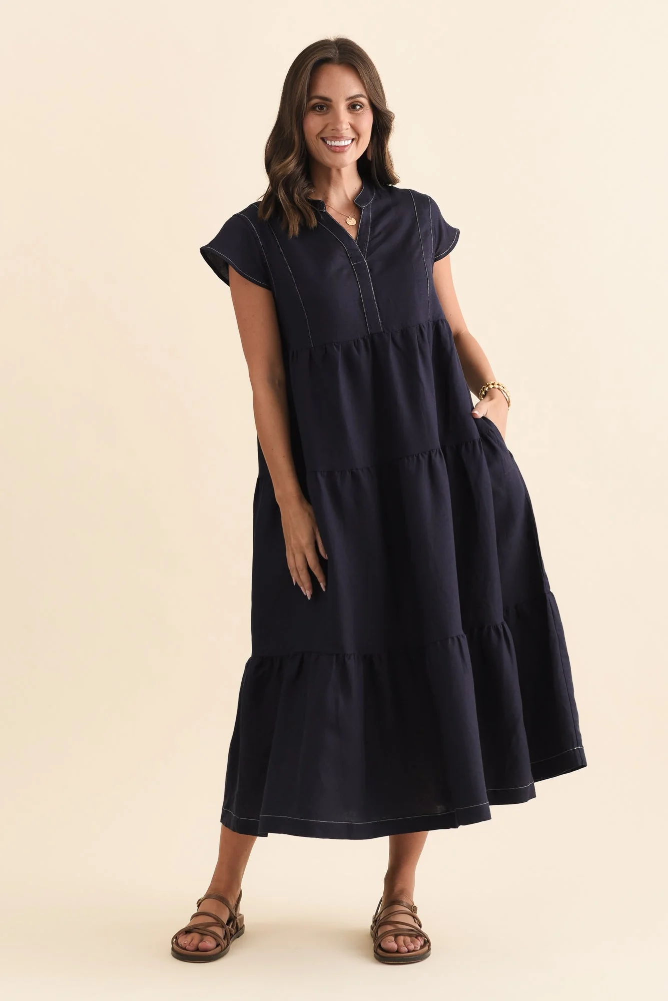 Yvette Navy Contrast Linen Blend Dress - Image 6
