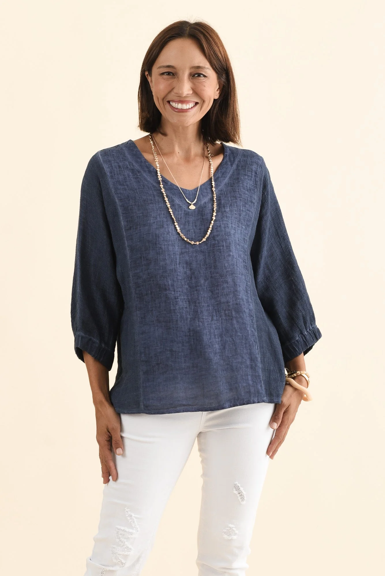 Ziola Blue Linen Cotton Sleeved Top - Image 2