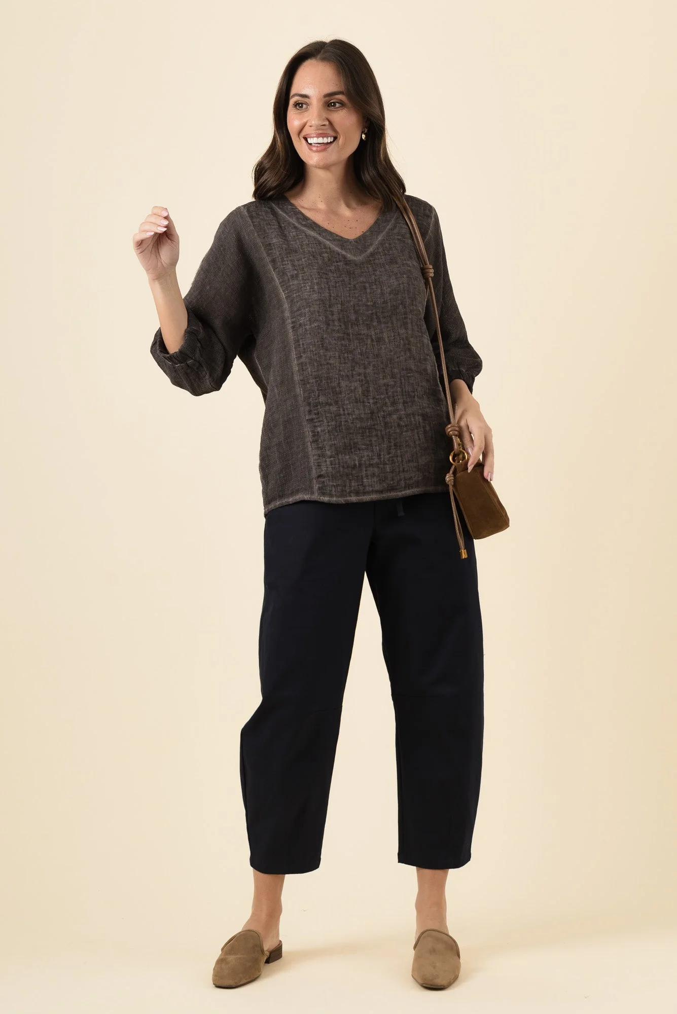 Ziola Mocha Linen Cotton Sleeved Top - Image 2