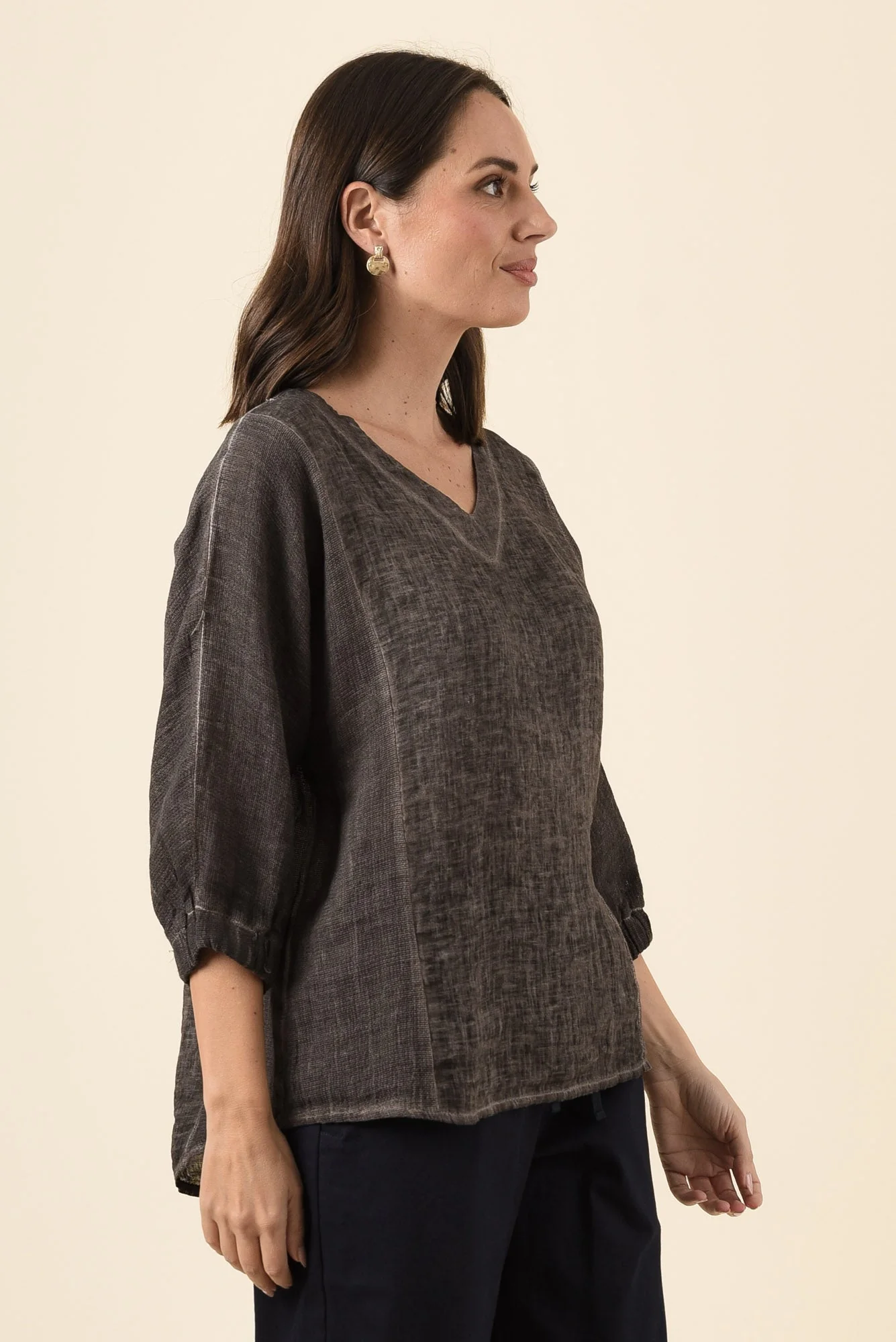 Ziola Mocha Linen Cotton Sleeved Top - Image 3