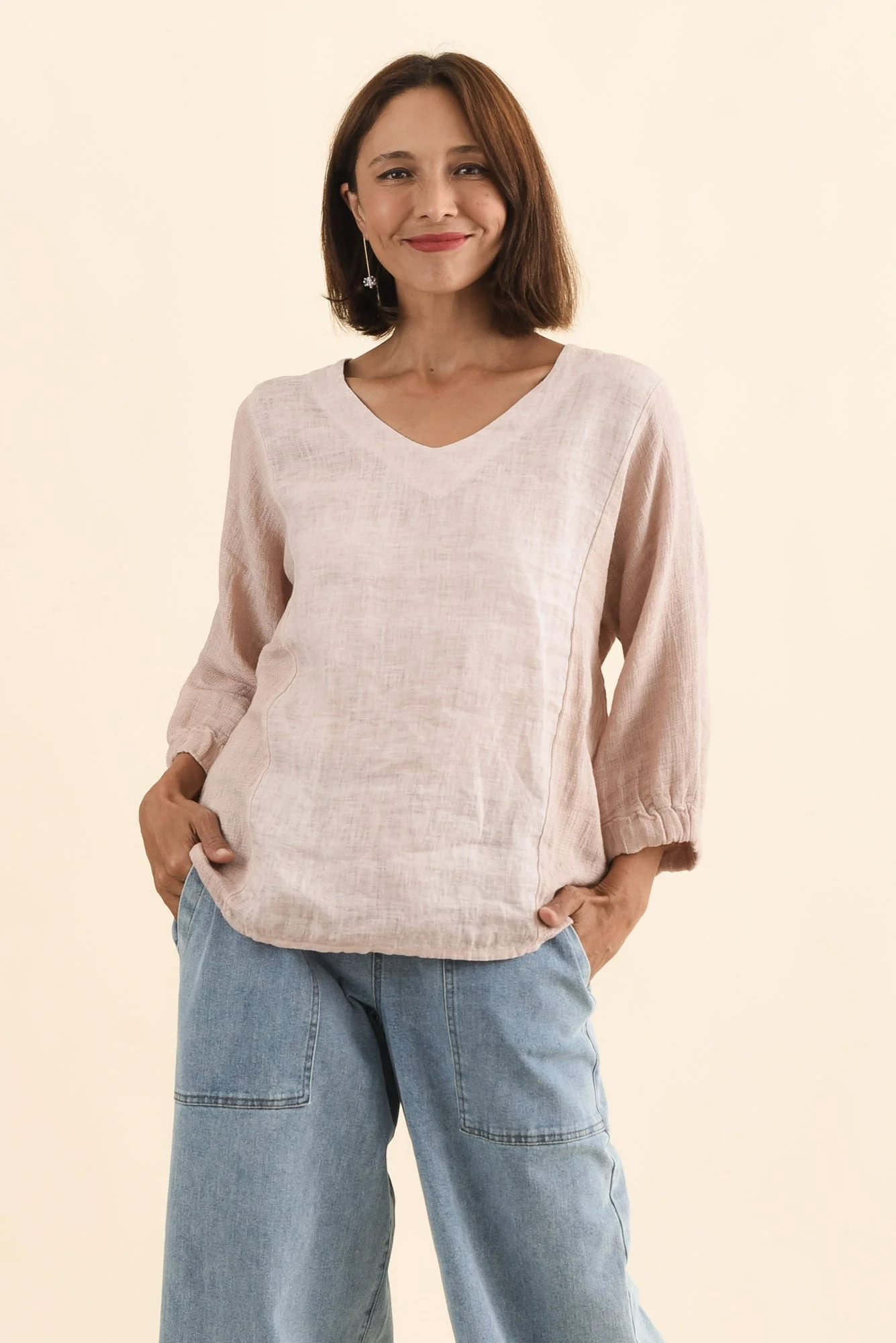 Ziola Pink Linen Cotton Sleeved Top - Image 2