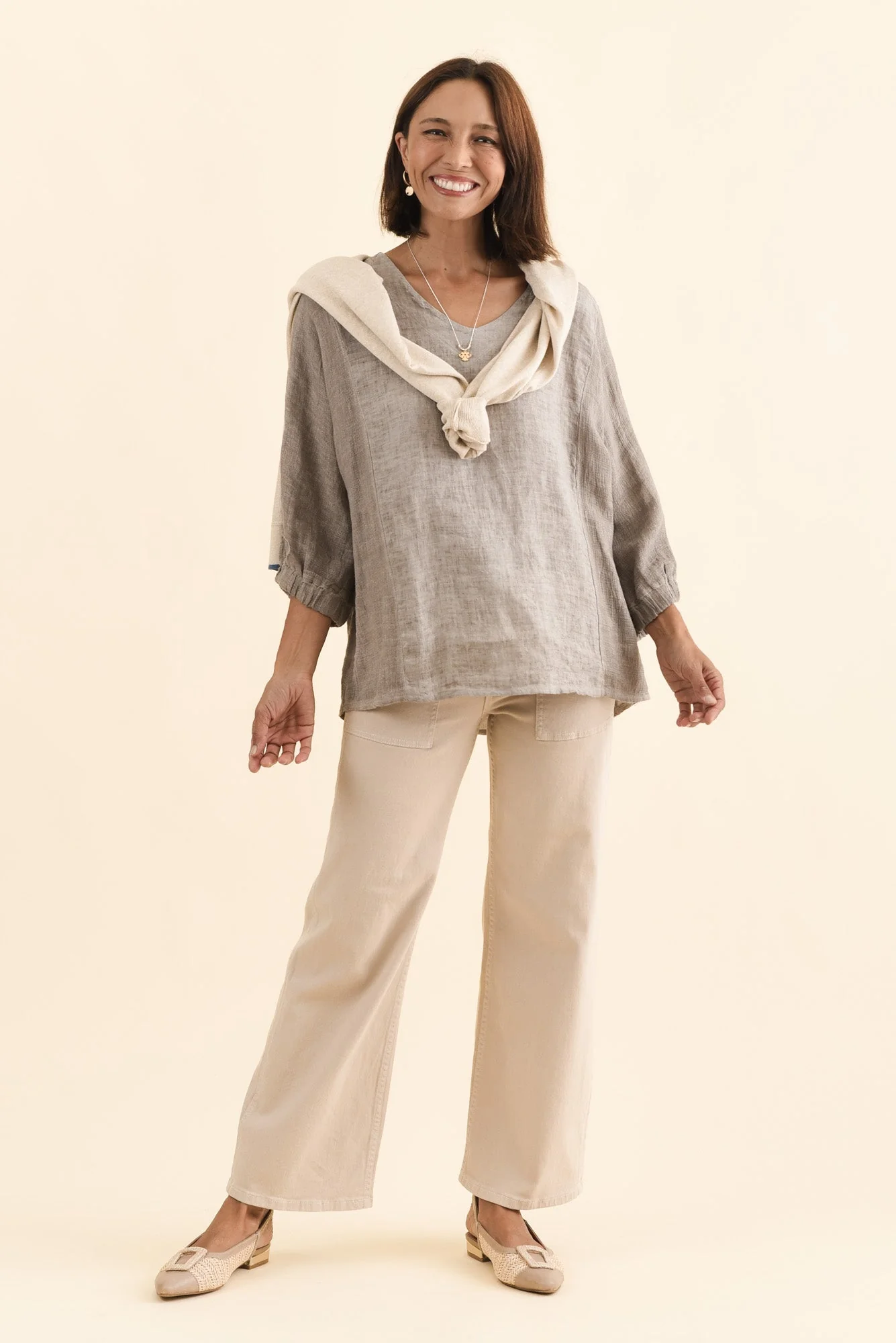 Ziola Taupe Linen Cotton Sleeved Top - Image 2