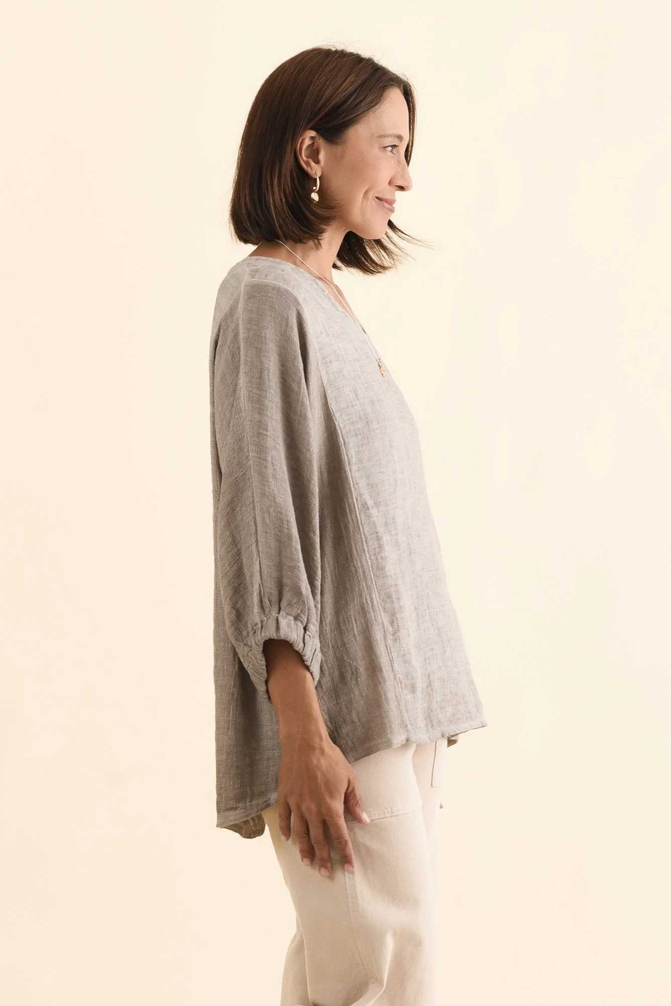 Ziola Taupe Linen Cotton Sleeved Top - Image 3