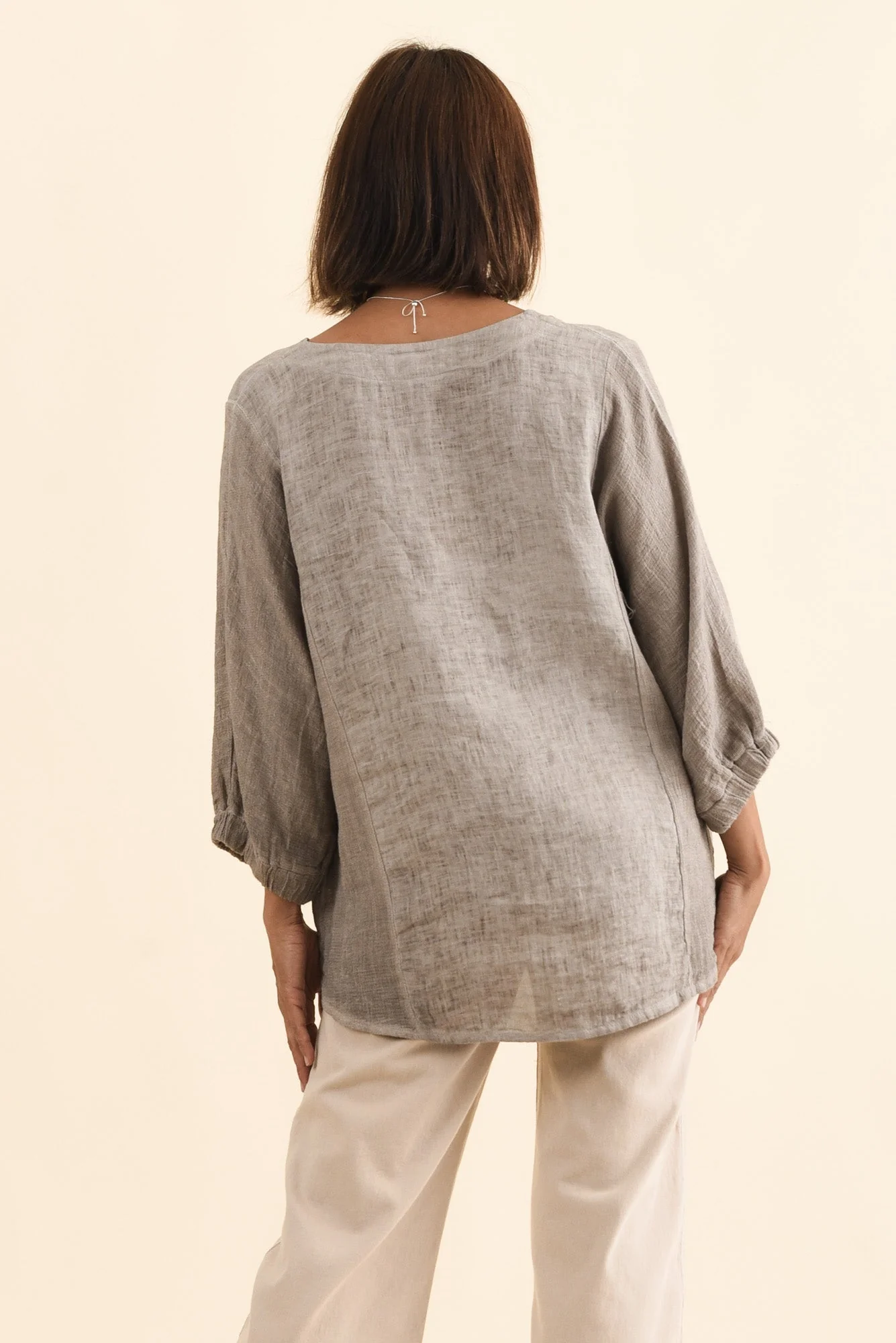 Ziola Taupe Linen Cotton Sleeved Top - Image 4