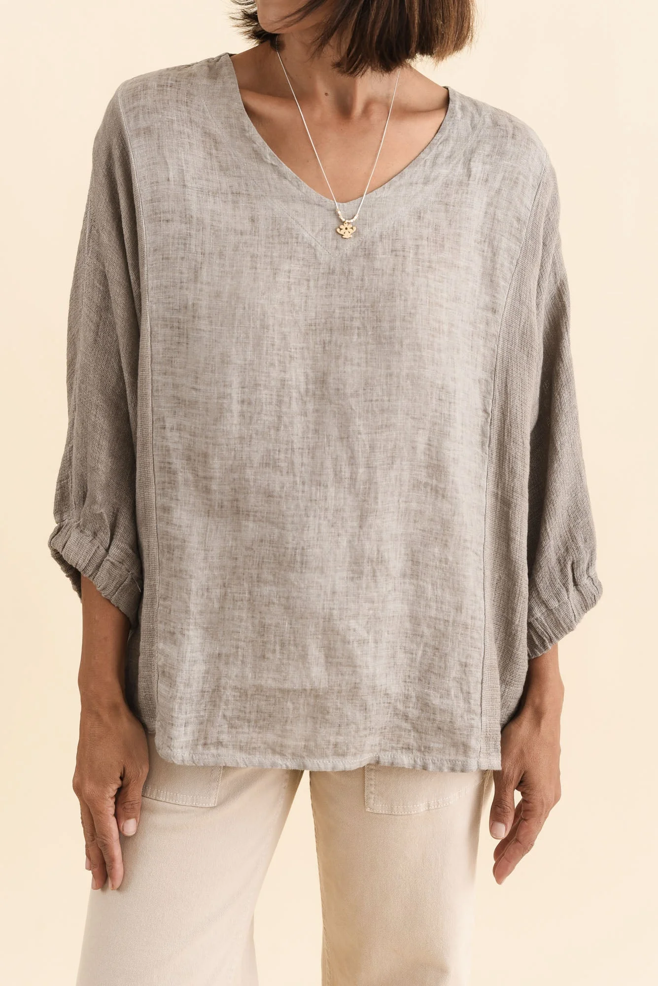 Ziola Taupe Linen Cotton Sleeved Top - Image 5