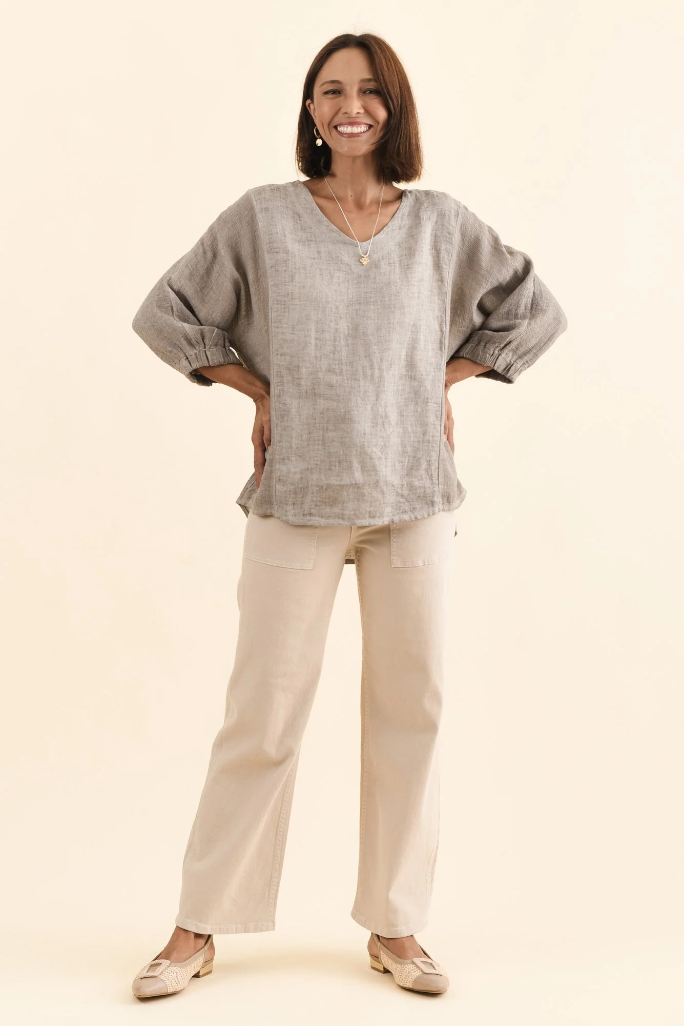 Ziola Taupe Linen Cotton Sleeved Top - Image 6