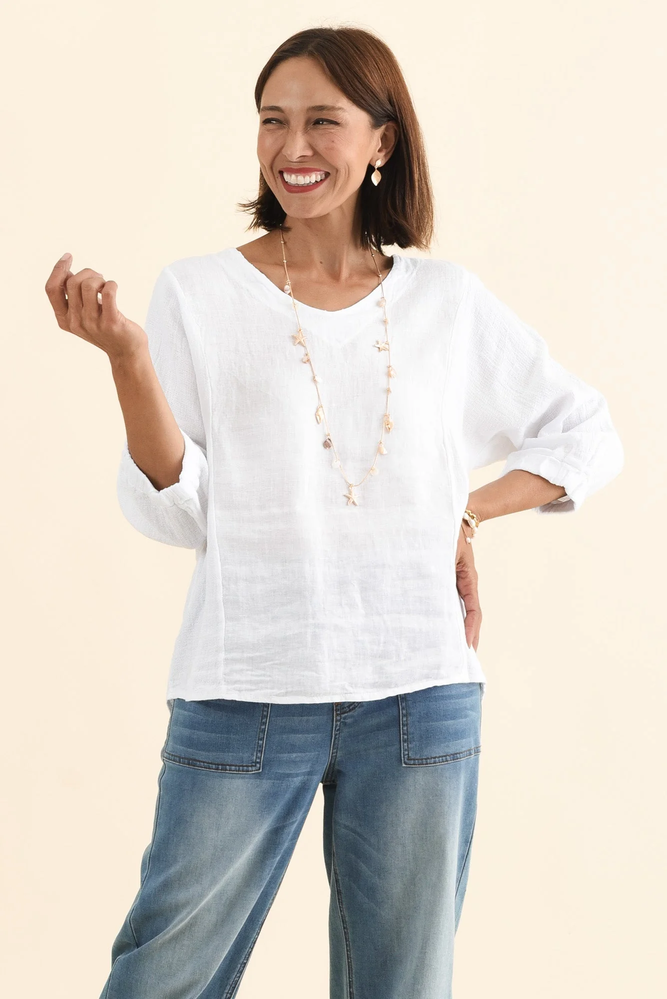 Ziola White Linen Cotton Sleeved Top
