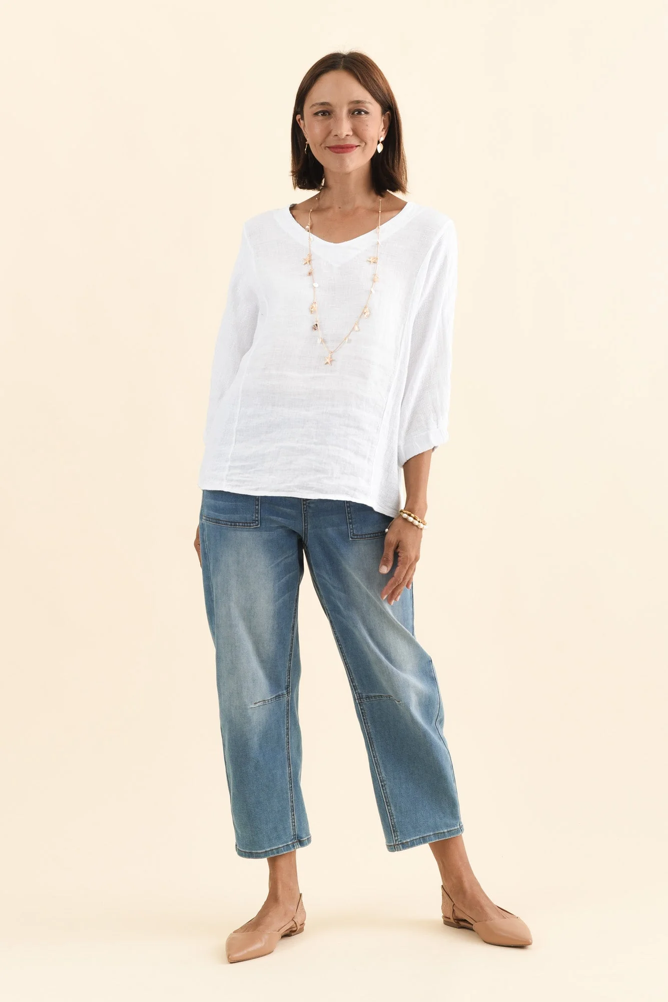 Ziola White Linen Cotton Sleeved Top - Image 2